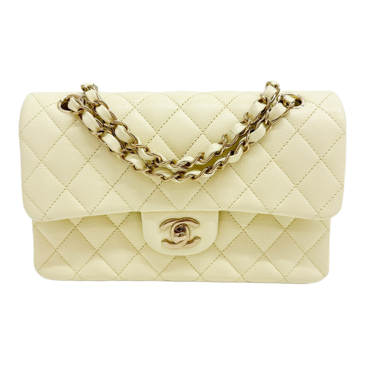 Small Classic Double Flap 2021-2026 Matelasse Pale Yellow Caviar Leather Shoulder Bag