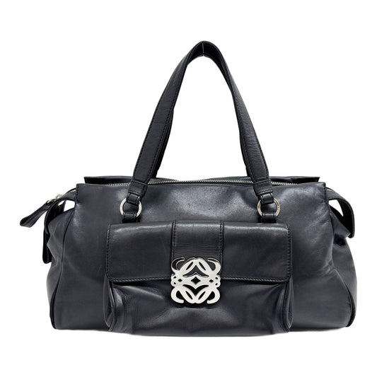 Anagram Black Leather Hand Bag with Front Pocket