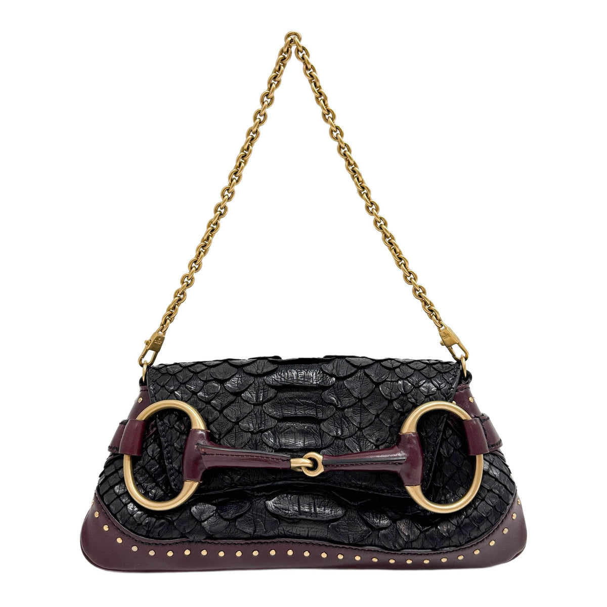 Horsebit Chain Burgundy Trim Black Python Leather Shoulder Bag