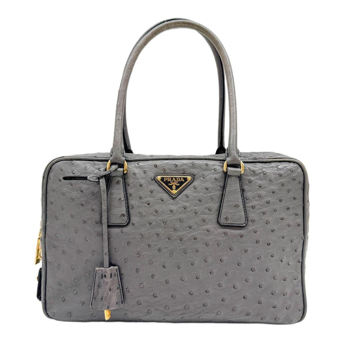 Bauletto Grey Ostrich Embossed Leather Handle Bag