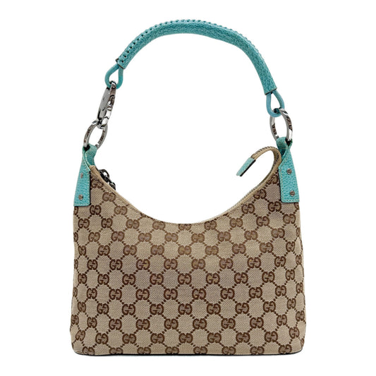 Ring Hobo Brown GG Canvas Shoulder Bag with Blue Leather Trim