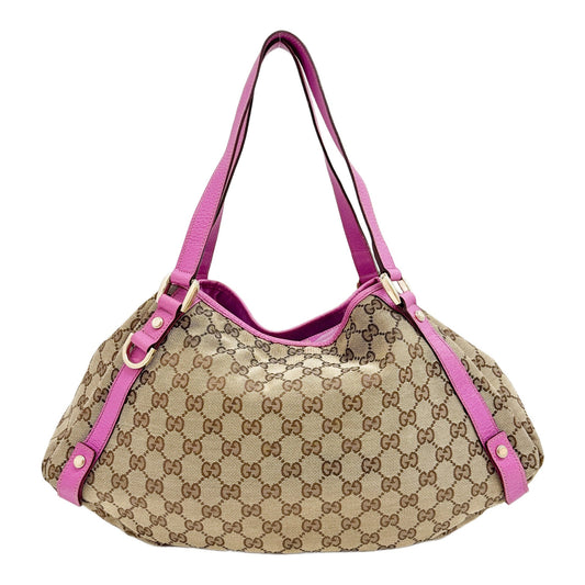 Abbey Brown GG Canvas Shoulder Bag with Pink Leather Trim