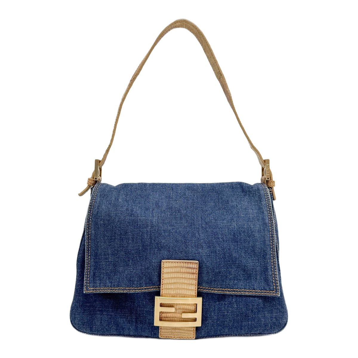Mamma Baguette Lizard Embossed Leather Trim Blue Denim Shoulder Bag