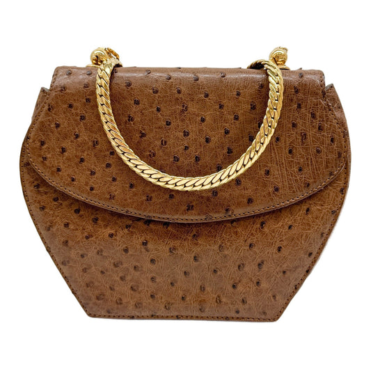 Brown Ostrich Embossed Leather Shoulder Bag