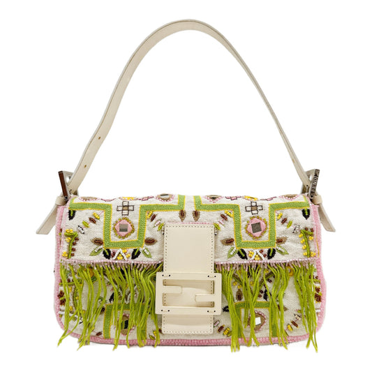 Baguette Embroidered Beaded Fringe White Cotton Canvas Shoulder Bag
