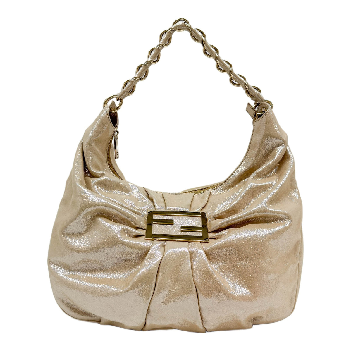 Large Mia Chain Strap Glittery Beige Leather Shoulder Bag