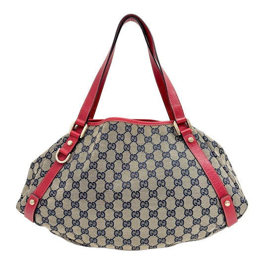 Abbey Blue GG on Brown Canvas Shoulder Bag with Red Leather Trim