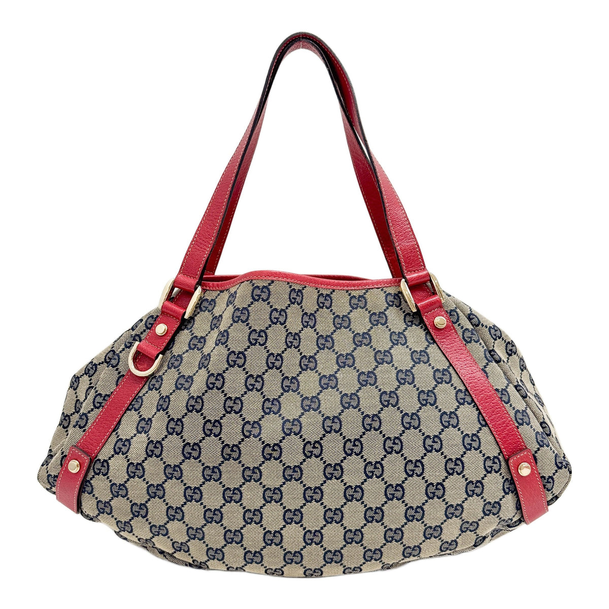 Abbey Blue GG on Brown Canvas Shoulder Bag with Red Leather Trim