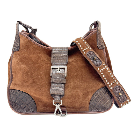 Scamosciato Brown Suede with Crocodile Trim Crossbody Bag