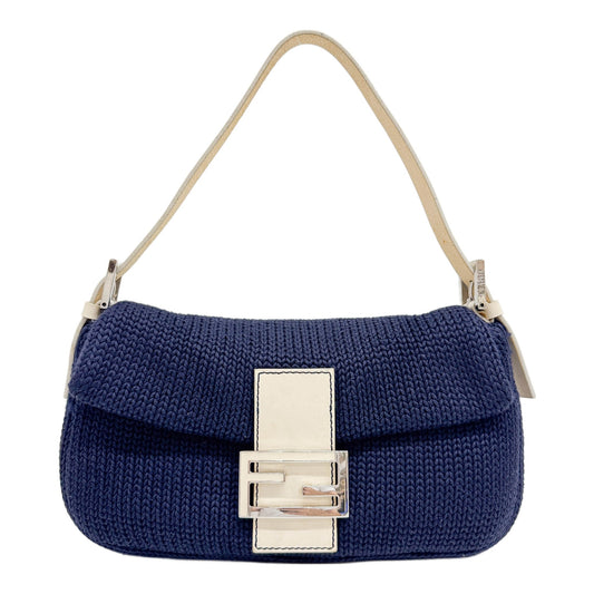 Baguette Navy Blue Knitted Wool Shoulder Bag with White Leather Trim