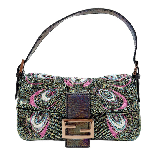 Baguette Peacock Green Metallic Beaded Shoulder Bag with Embroidered Accents