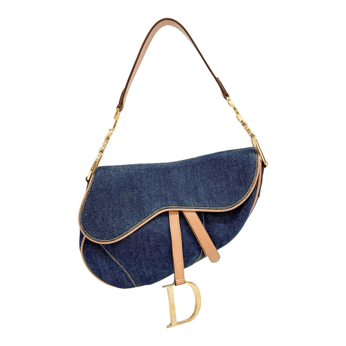 Saddle Brown Leather Trim Blue Denim Shoulder Bag
