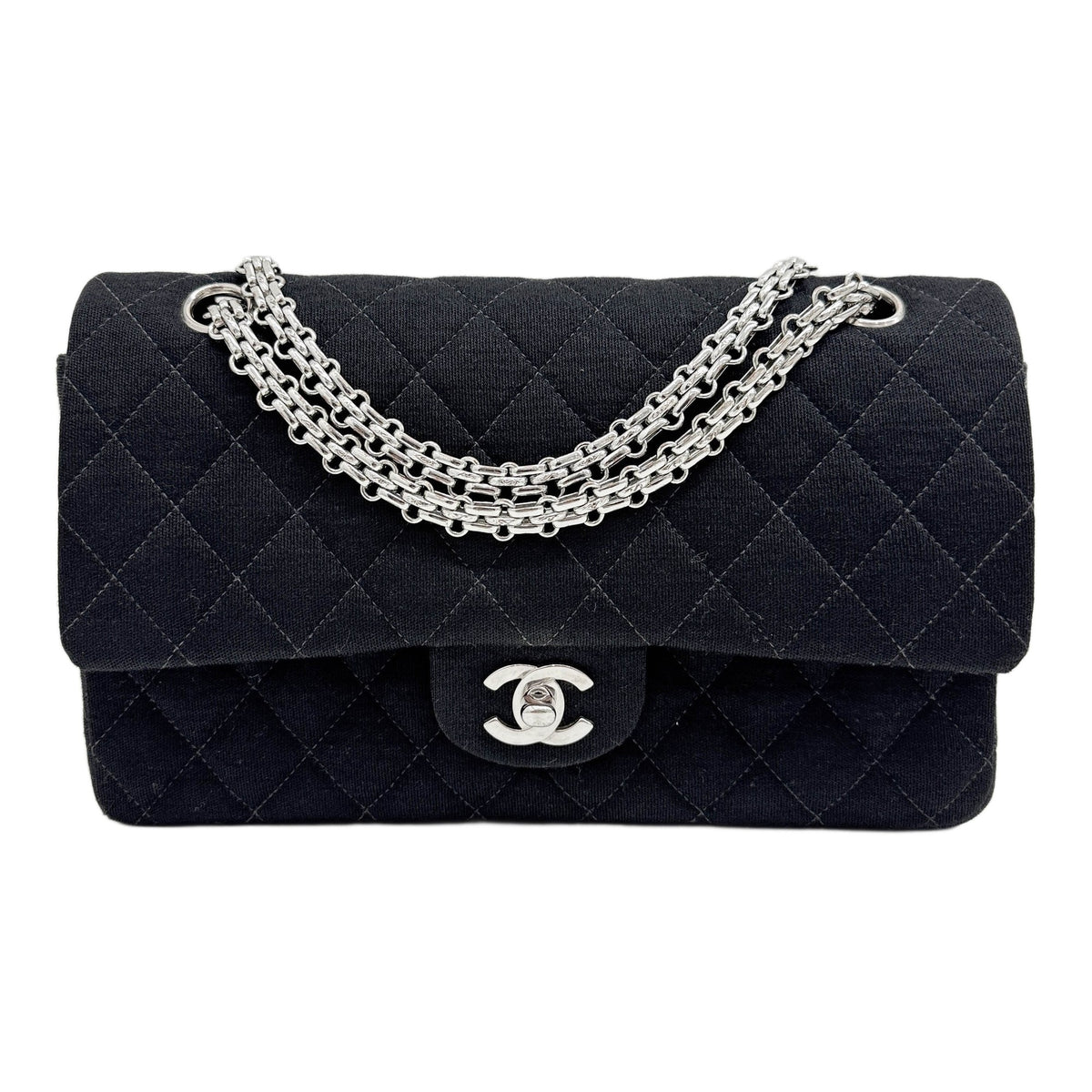 Medium Classic Double Flap 1997-1999 Matelasse Black Cotton Shoulder Bag with Mademoiselle Chain