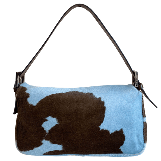 FENDI Baguette Blue / Brown Cow Print Pony Hair Shoulder Bag, in , Sold by HIVE PRELOVED - Shoulder Bags, ,