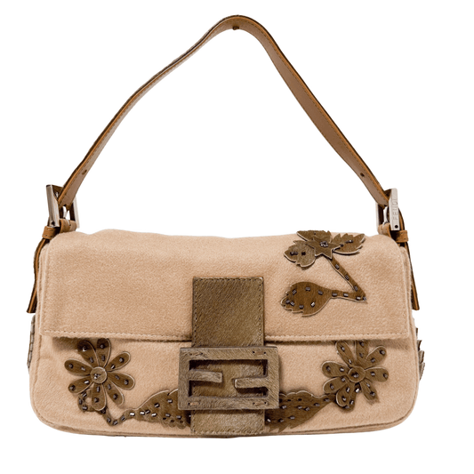 FENDI Baguette Camel Cashmere Wool Flower Motif Shoulder Bag, in , Sold by HIVE PRELOVED - Shoulder Bags, ,