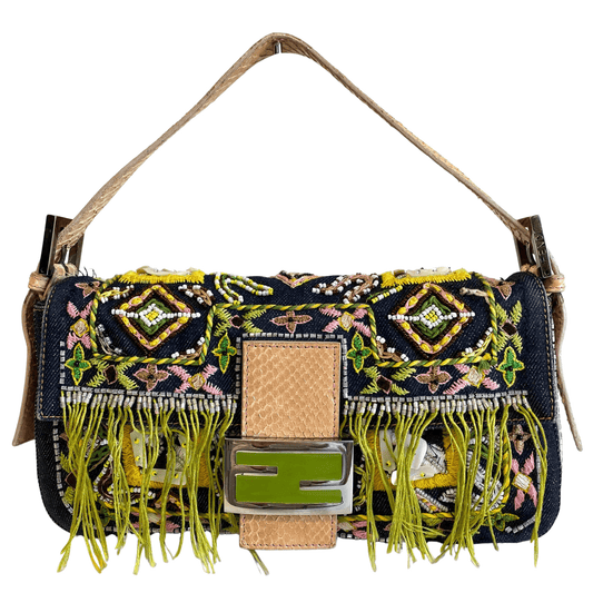FENDI Baguette Denim Embroidered Beaded Pink / Green Shoulder Bag, in , Sold by HIVE PRELOVED - Shoulder Bags, ,