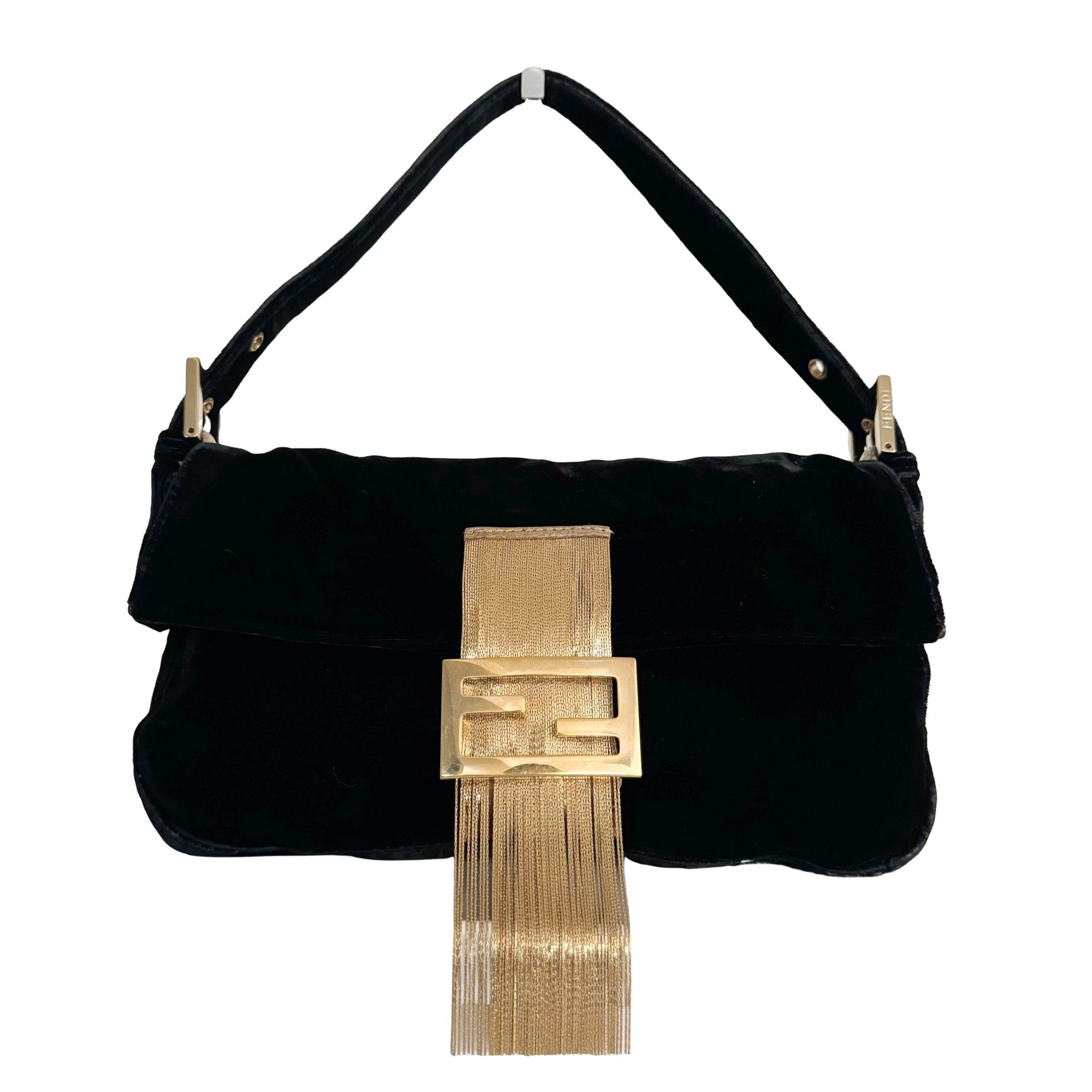 FENDI Baguette in Black Velvet with Gold Metallic Fringing – HIVE