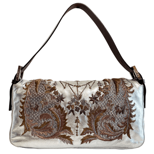 FENDI Baguette Metallic Silver Leather / Embroidered Shoulder Bag, in , Sold by HIVE PRELOVED - Shoulder Bags, ,