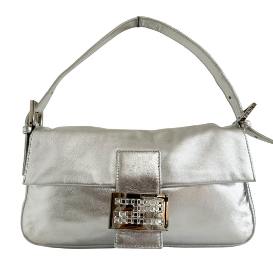 FENDI Baguette Metallic Silver Leather Rhinestone Hardware Shoulder Bag, in , Sold by HIVE PRELOVED - Shoulder Bags, ,