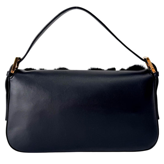 FENDI Black Leather Fur Baguette Bag Adorned With Metal Flower Details, in , Sold by HIVE PRELOVED - Shoulder Bags, ,