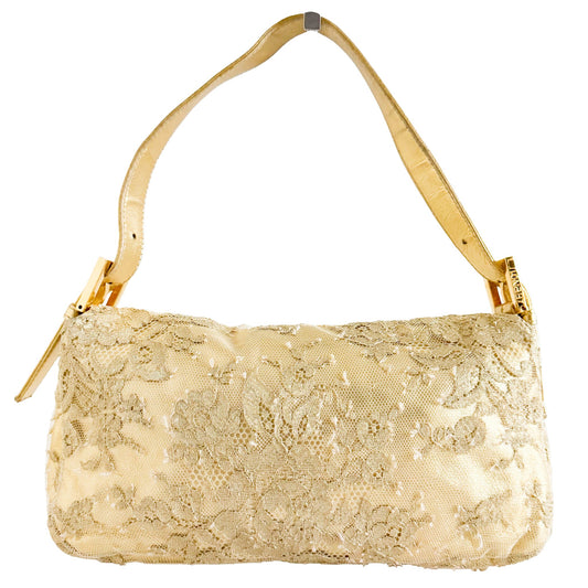 FENDI Metallic Gold Leather and Lace Crystal Embellished Baguette Shoulder Bag, in , Sold by HIVE PRELOVED - Shoulder Bags, ,