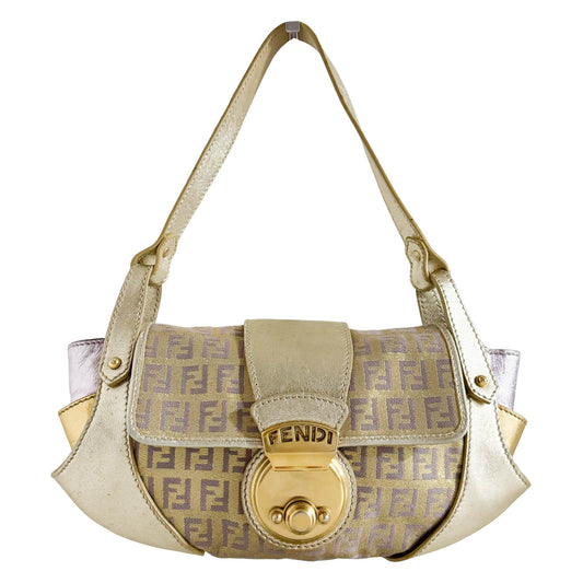 FENDI Metallic Gold Zucchino Canvas and Leather Shoulder Bag, in , Sold by HIVE PRELOVED - Shoulder Bags, ,