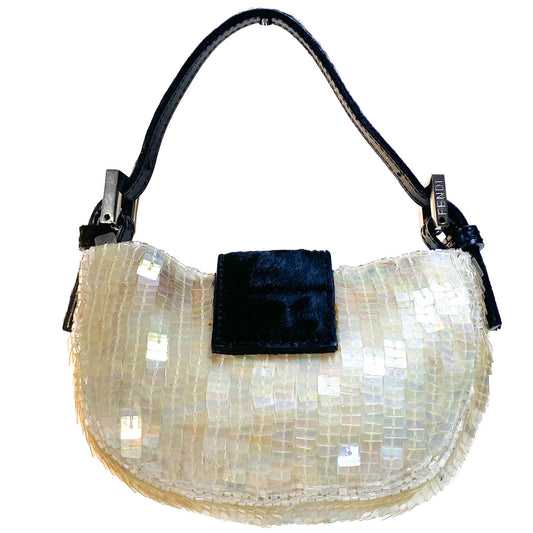 FENDI Mini Croissant Ivory Sequin / Calf Pony Hair, in , Sold by HIVE PRELOVED - Handle Bags, Mini bags,