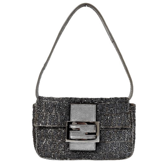FENDI Zuccino Beaded Silver Baguette Mini Shoulder Bag, in , Sold by HIVE PRELOVED - Handle Bags, Mini bags,