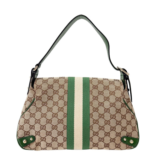 GUCCI Horsebit Green Leather & Cotton Canvas Chain Detail Shoulder Bag, in , Sold by HIVE PRELOVED - Shoulder Bags, ,