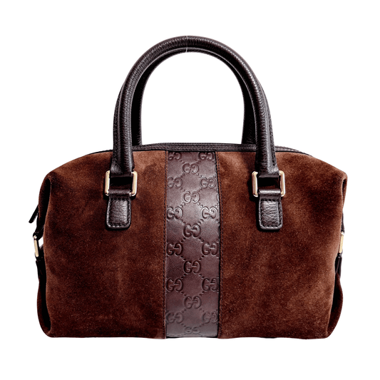 GUCCI Suede Small Boston Bag Brown GG Embossed Leather Bowling, in , Sold by HIVE PRELOVED - Handle Bags, ,
