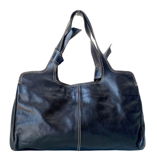 MIU MIU Black Leather with Contrast White Stitching Shoulder Bag, in , Sold by HIVE PRELOVED - Shoulder Bags, ,