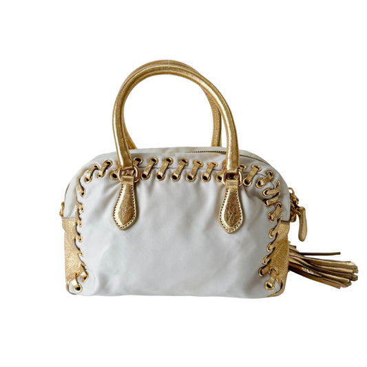 PRADA Bow Gold Leather and Nylon Hand Bag, in , Sold by HIVE PRELOVED - Handle Bags, ,