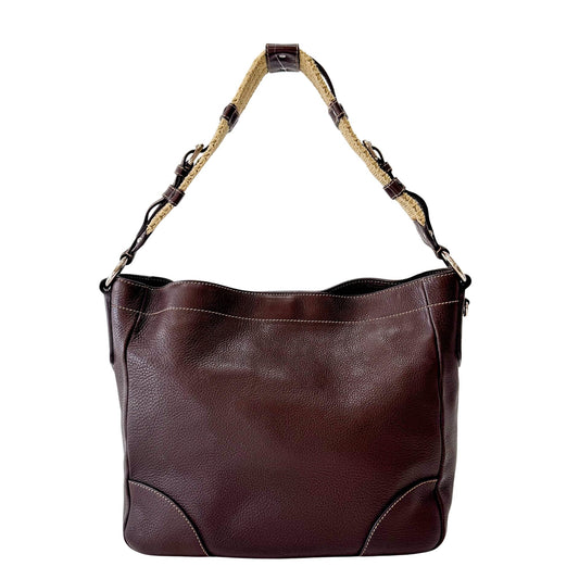 PRADA Brown Leather Natural Cotton Cord Stripe Shoulder Bag, in , Sold by HIVE PRELOVED - Shoulder Bags, ,