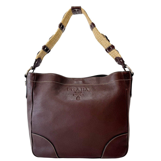 PRADA Brown Leather Natural Cotton Cord Stripe Shoulder Bag, in , Sold by HIVE PRELOVED - Shoulder Bags, ,