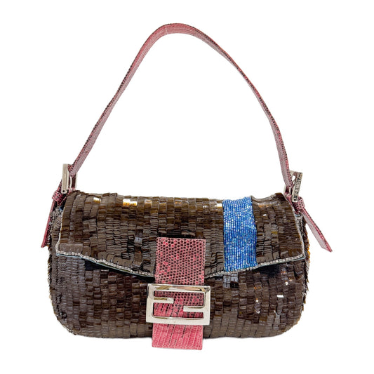 Baguette Blue Beaded Brown Sequin Shoulder Bag
