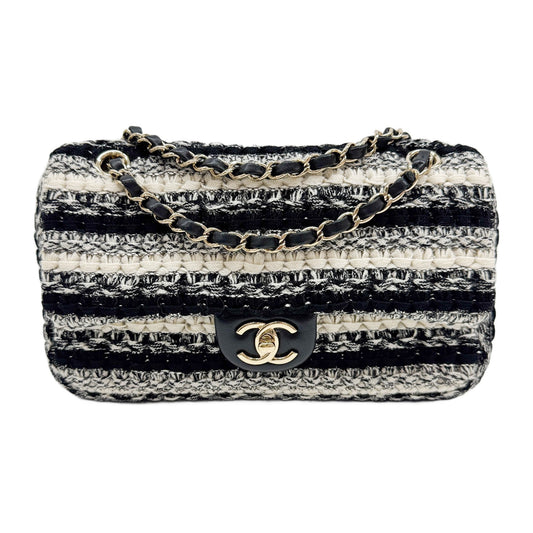 Classic Flap Stitching Black & White Cotton Shoulder Bag