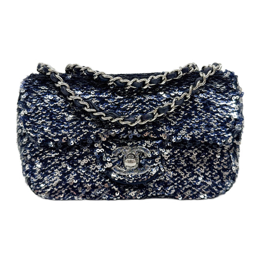 Mini Classic Flap Navy Blue Sequin Shoulder Bag