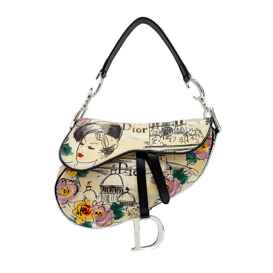 Limited Edition "Paris 1950s" Saddle Multicolor Watercolor Sketch Print Shoulder Bag