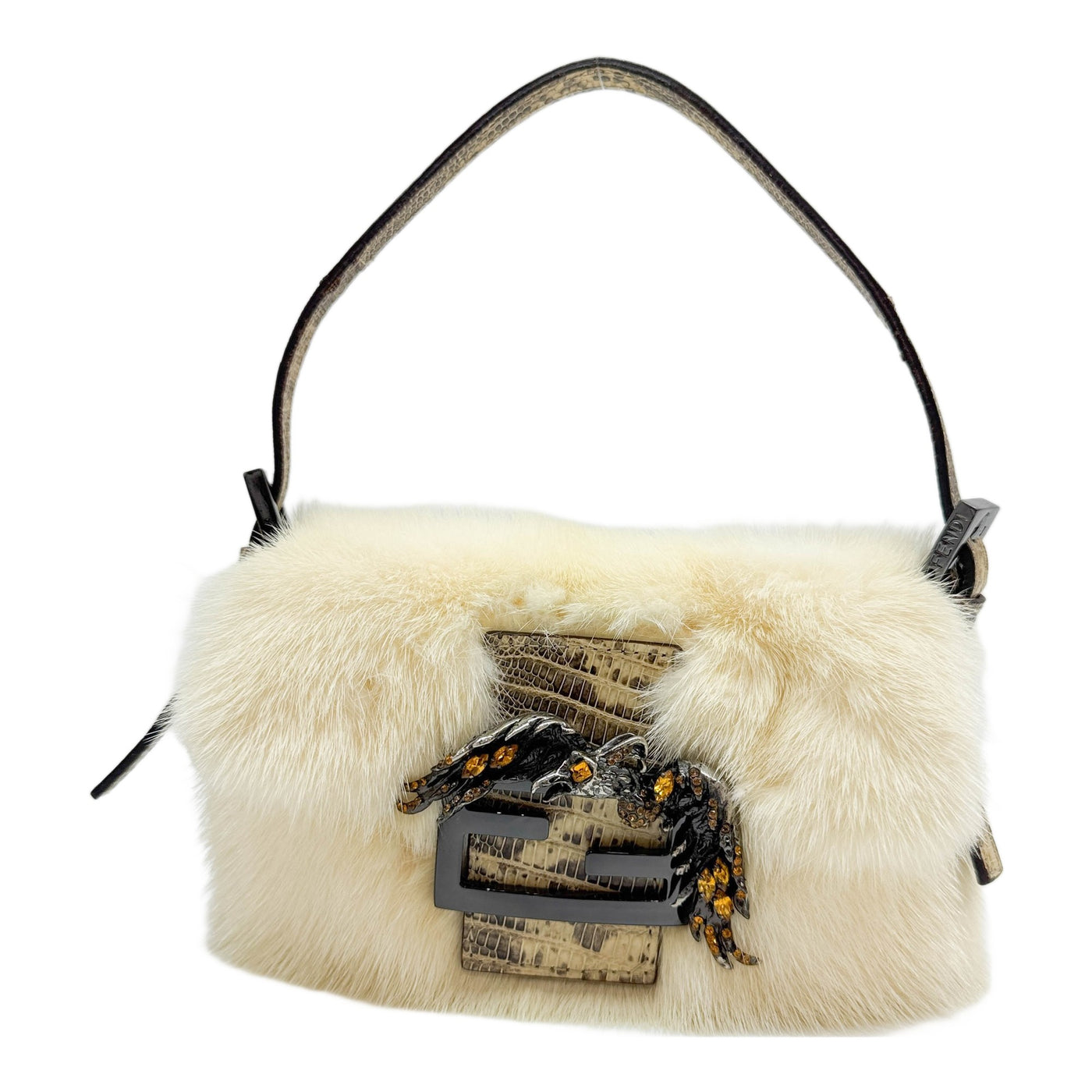 Mini Mamma Baguette Lizard Leather Trim Cream Fur Shoulder Bag