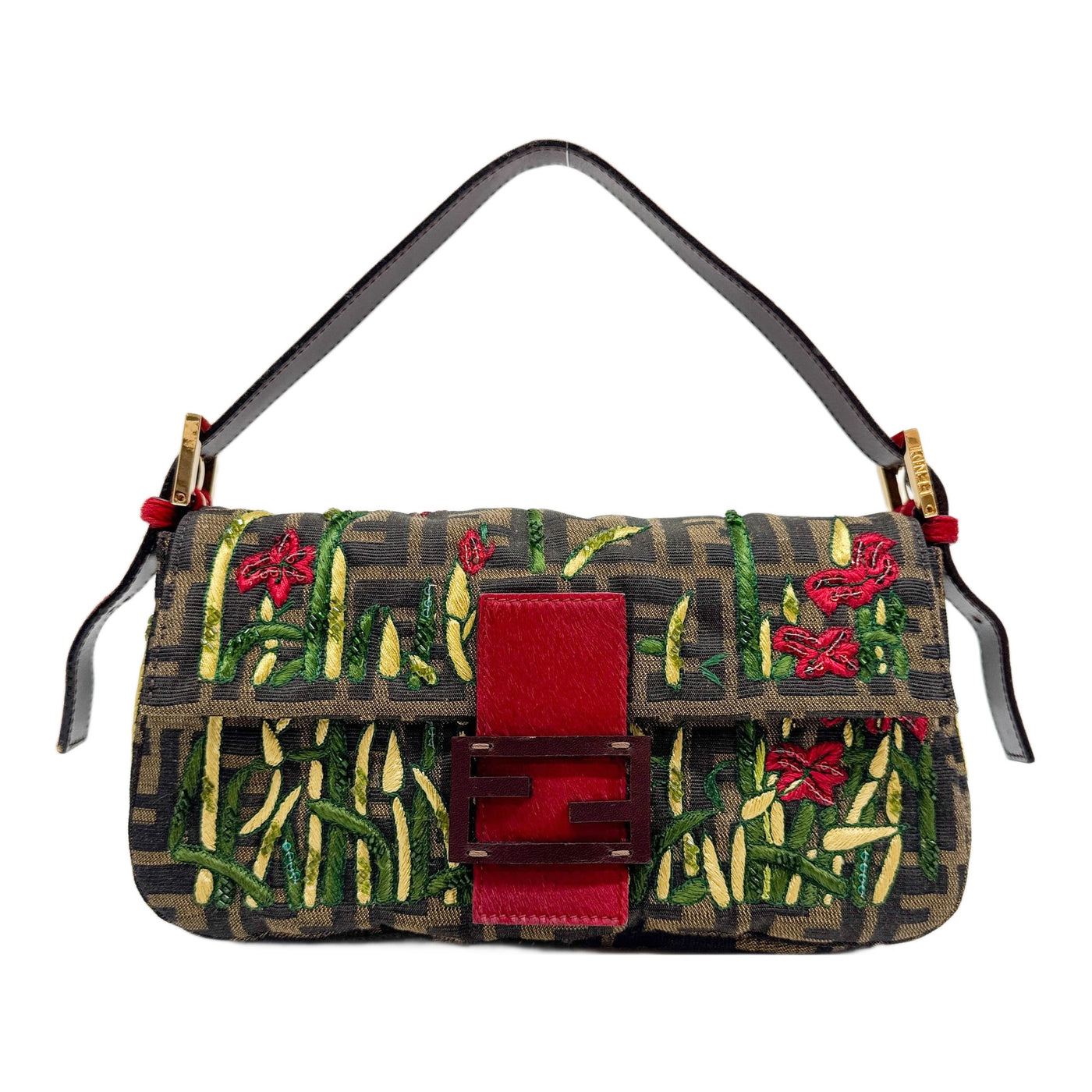 Baguette Floral Embroidered Brown Zucca Canvas Shoulder Bag