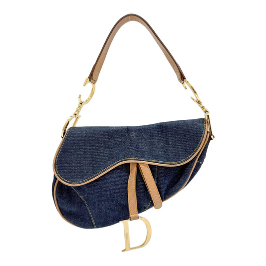 Saddle Brown Leather Trim Blue Denim Shoulder Bag
