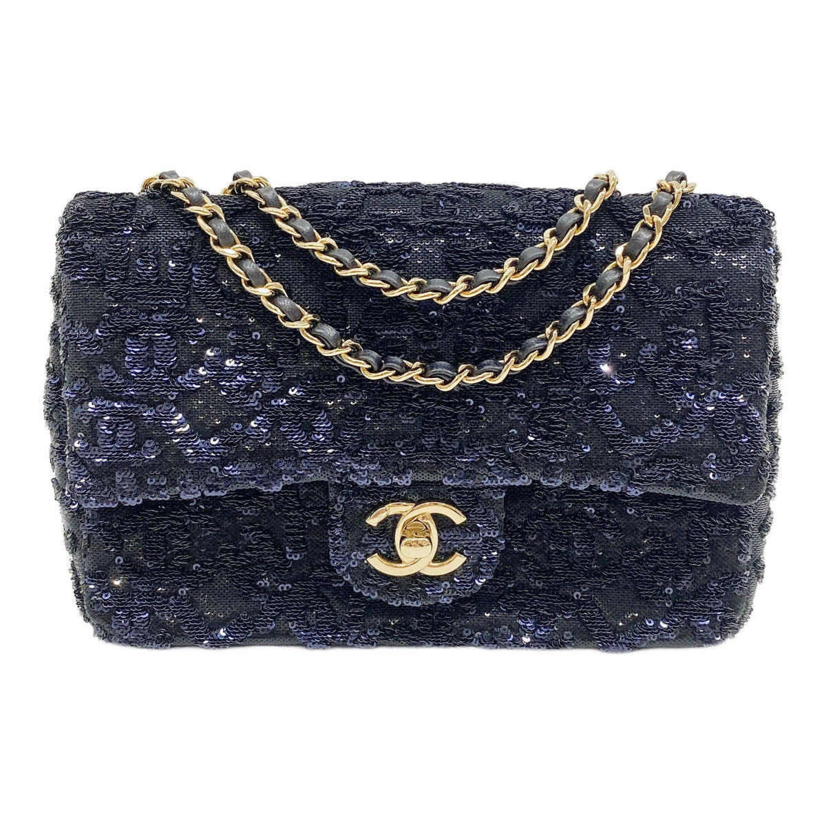 Classic Flap Coco Mark Black and Navy Sequins Chain Shoulder Bag