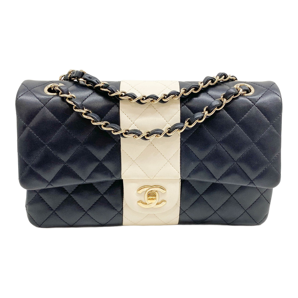 Double Flap Matelasse 2021- Black and White Chain Shoulder Bag
