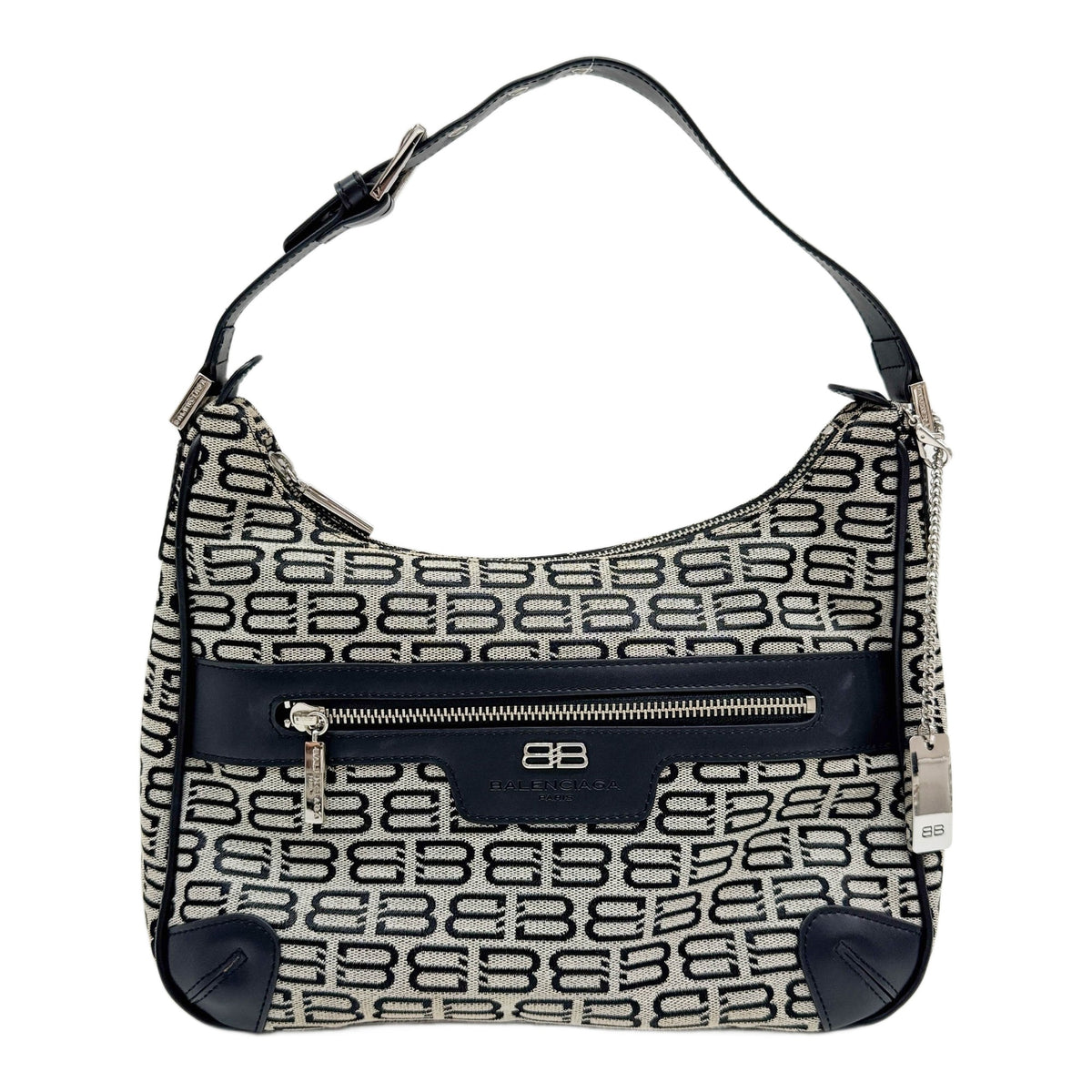 BB Leather Trim Black Monogram Canvas Shoulder Bag