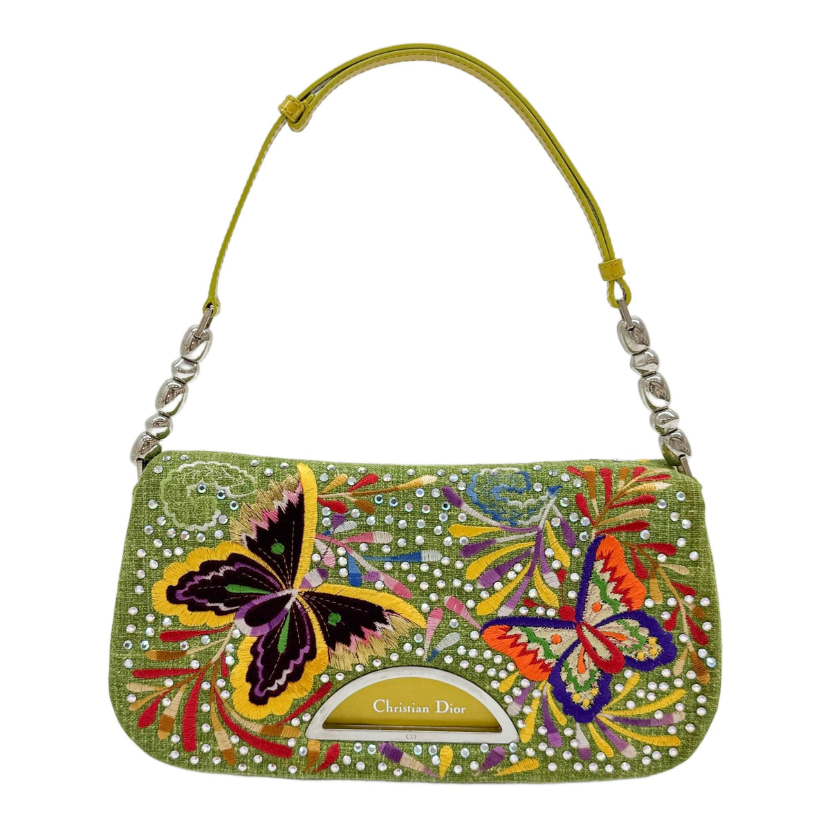 Malice Peral Marispar Butterfly Embroidery & Rhinestone Green Canvas Shoulder Bag