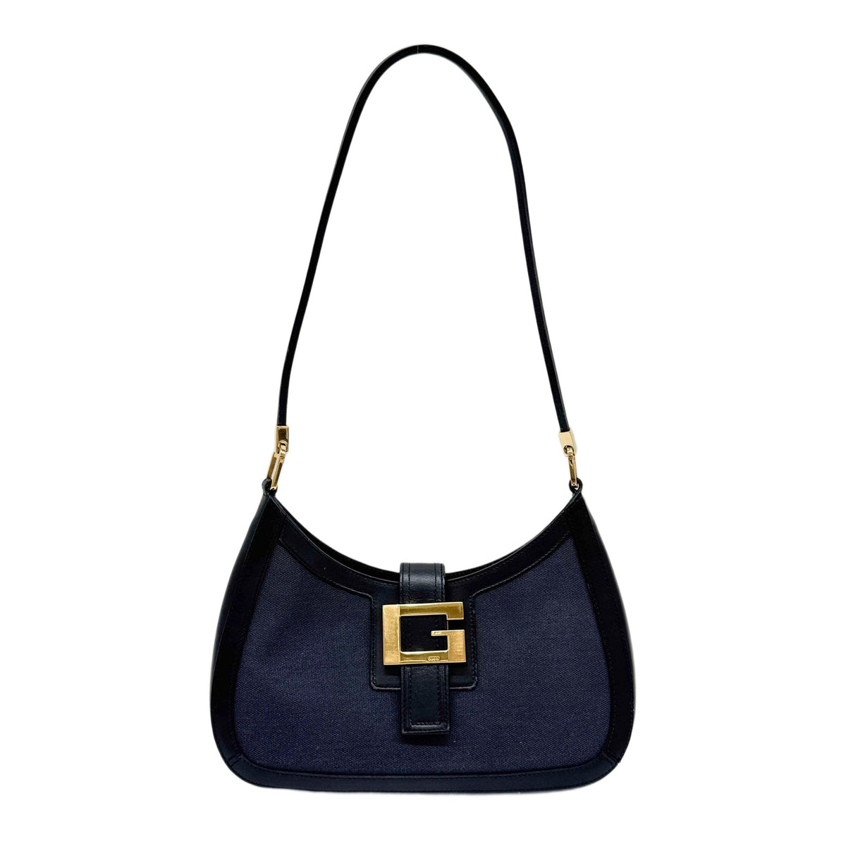 G Buckle Leather Trim Navy Blue Cotton Shoulder Bag