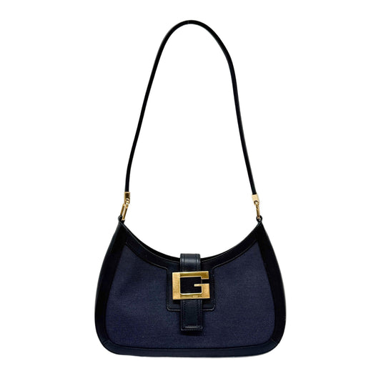 G Buckle Leather Trim Navy Blue Cotton Shoulder Bag