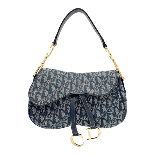 Double Saddle Blue Trotter Canvas with Gold Hardware Shoulder Bag