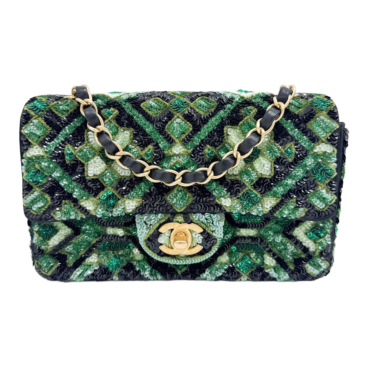Rectangular Mini Classic Flap 2020 Mosaic Emerald Green and Black Sequin Shoulder Bag