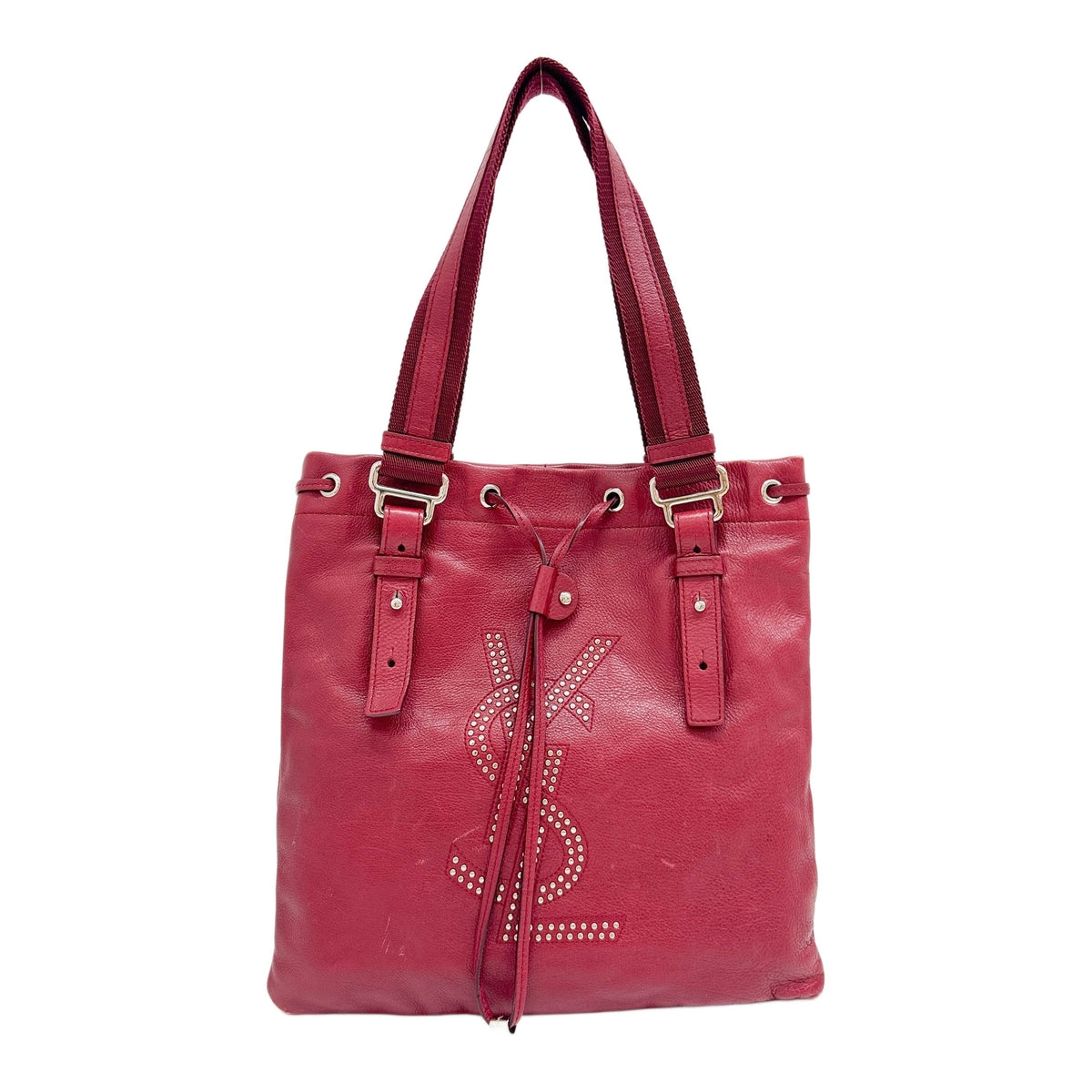 Kahala Red Leather with Studded Logo Drawstring Tote Bag